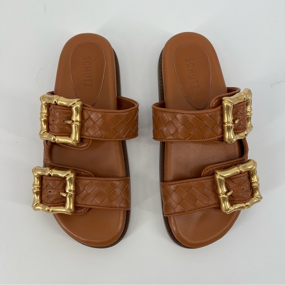 Schutz Enola Sporty Leather Brown Double Buckle Slip On Resortwear Sandals 7 - Picture 2 of 6